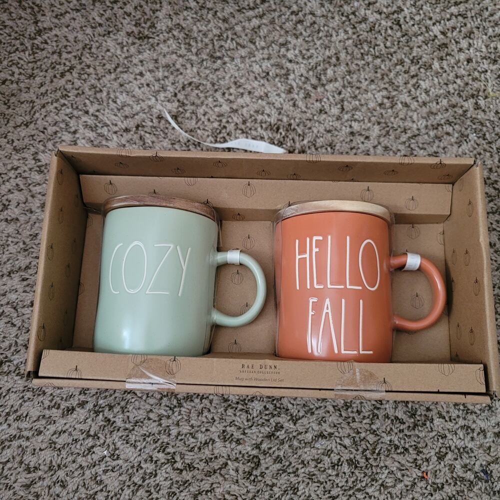 Rae Dunn- 2 piece coffee mug Fall set with wood lid- NWT